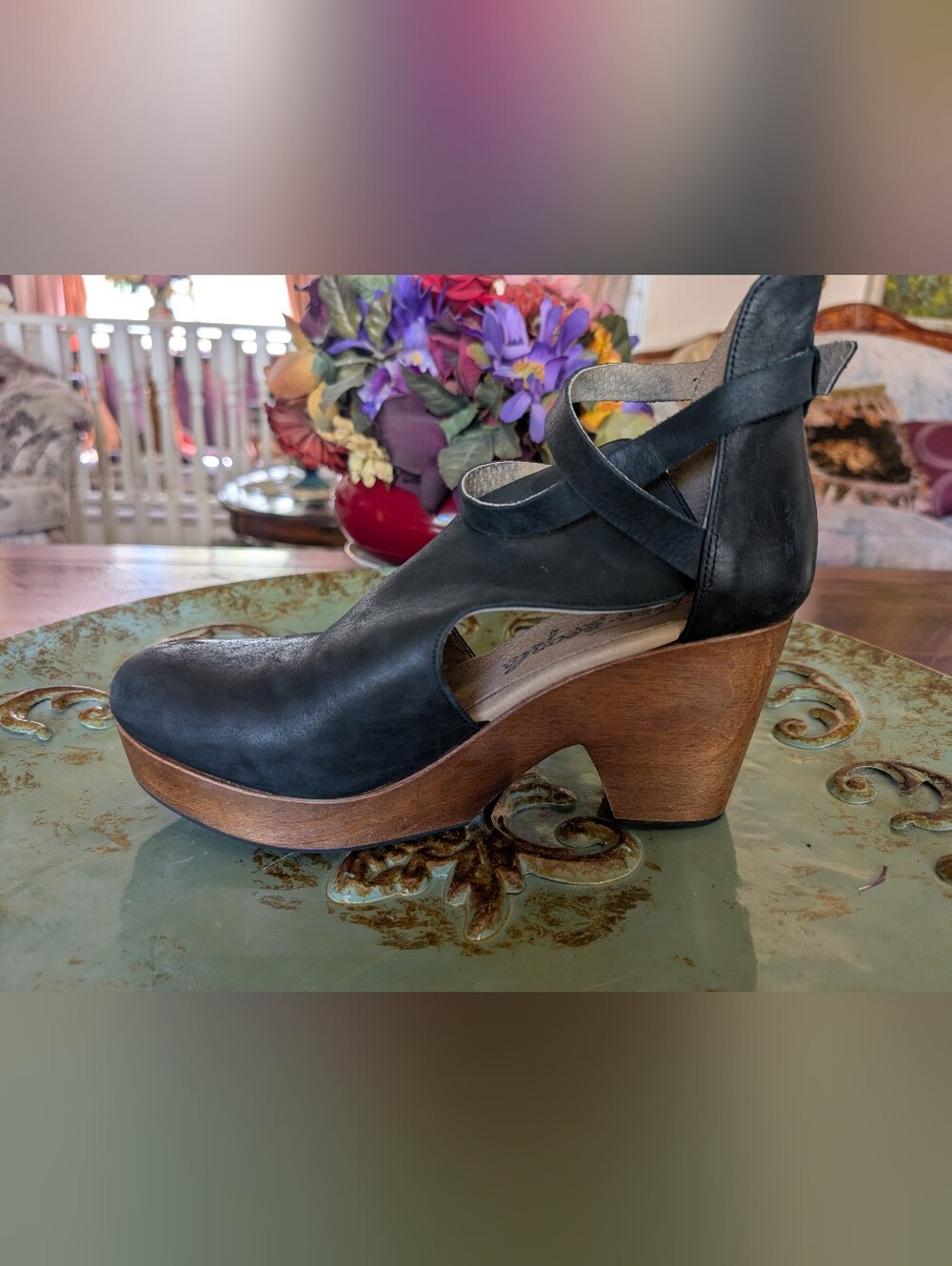 Free People Black Leather Platform Clogs with Wood-Effect Heel Size 39.5 - Picture 5 of 16
